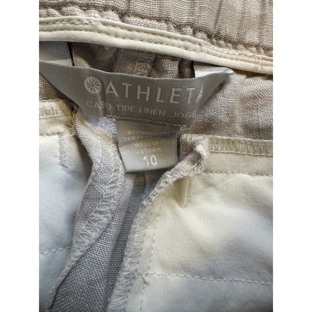 Athleta Cabo Tide 100% Linen Jogger Pants Camo Resort Beach Zip Pockets Size 10 - Picture 7 of 13